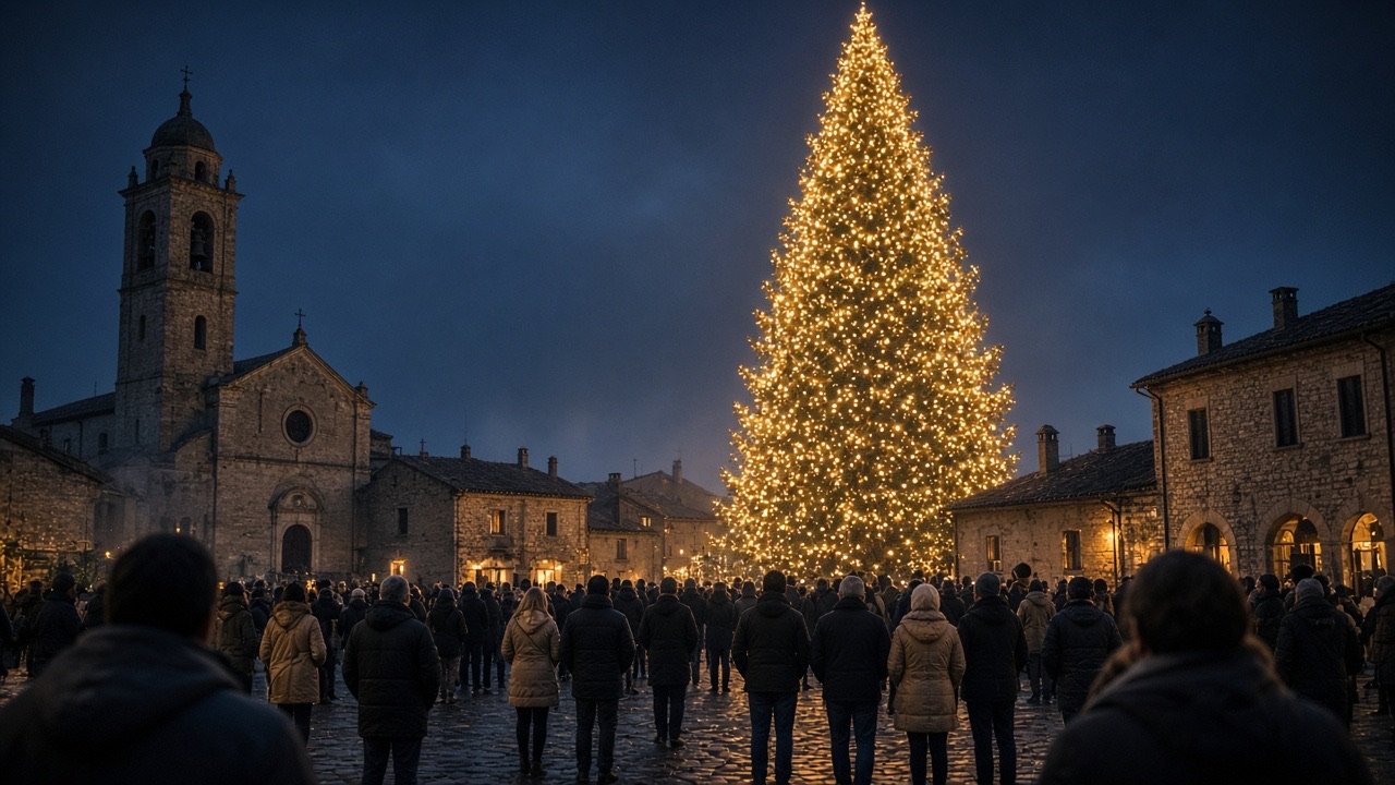 L'albero di Natale illuminato nella piazza del paese, con le persone che lo guardano