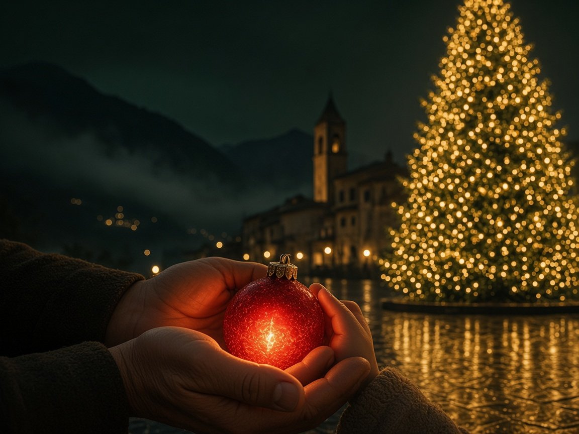 Mani che custodiscono una pallina di Natale accesa davanti all'albero illuminato